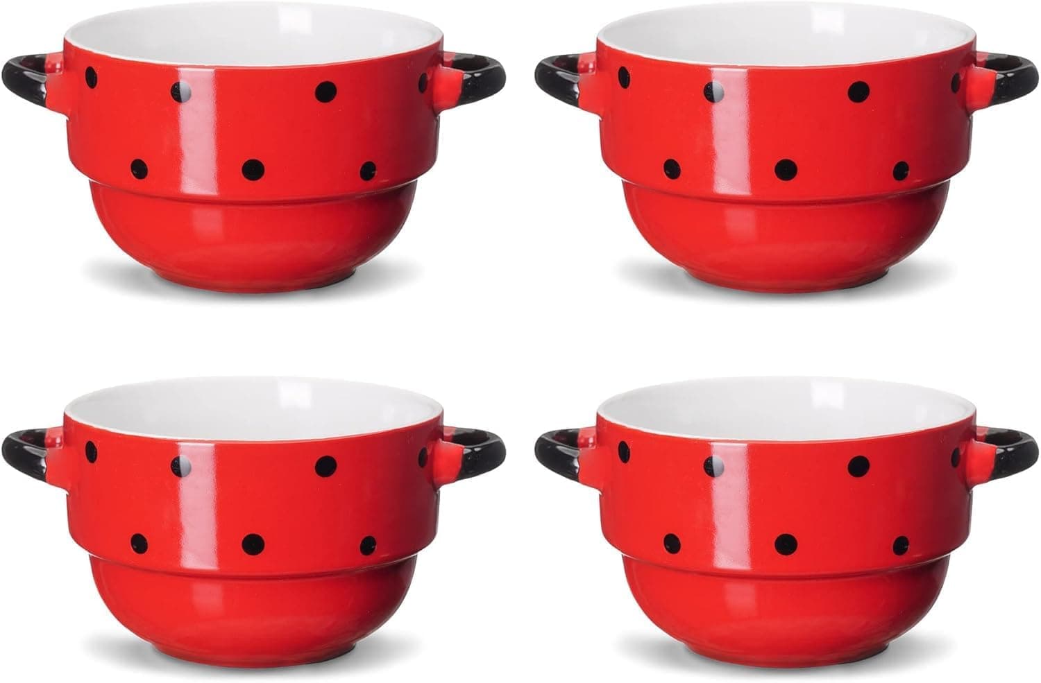 ECODECO 16 oz Ceramic Soup Bowls with Double Handles - Stackable Oven Safe - Red Polka Dot - Set of 4