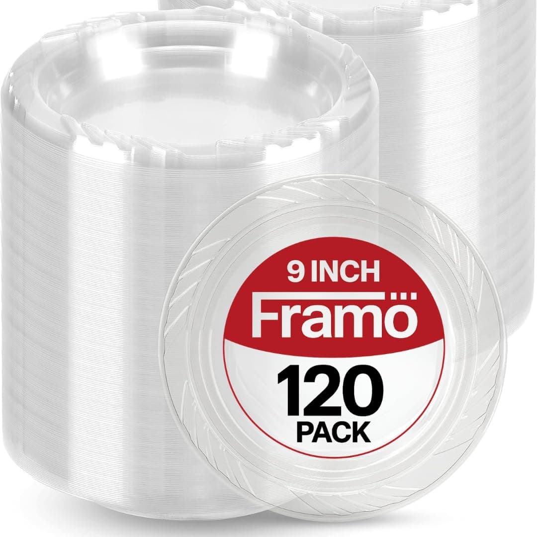 Framo 9 Inch Clear Plastic Plates, 120 Count — Heavy Duty Disposable Food-Safe Dinner Plates for Weddings, Parties, BBQ, Catering & Any Occasion