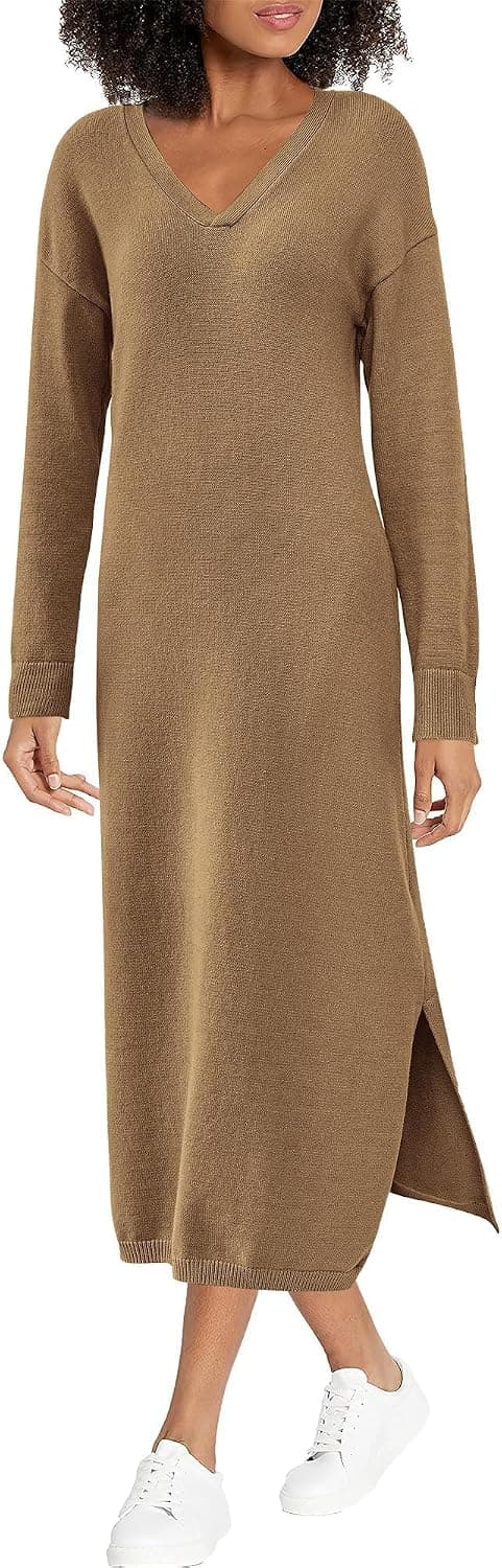 BTFBM Womens Fall Fashion 2025 Sweater Dress Casual V Neck Long Sleeve Slit Knit Oversized Sweaters Winter Maxi Dresses(Dark Khaki, Large)