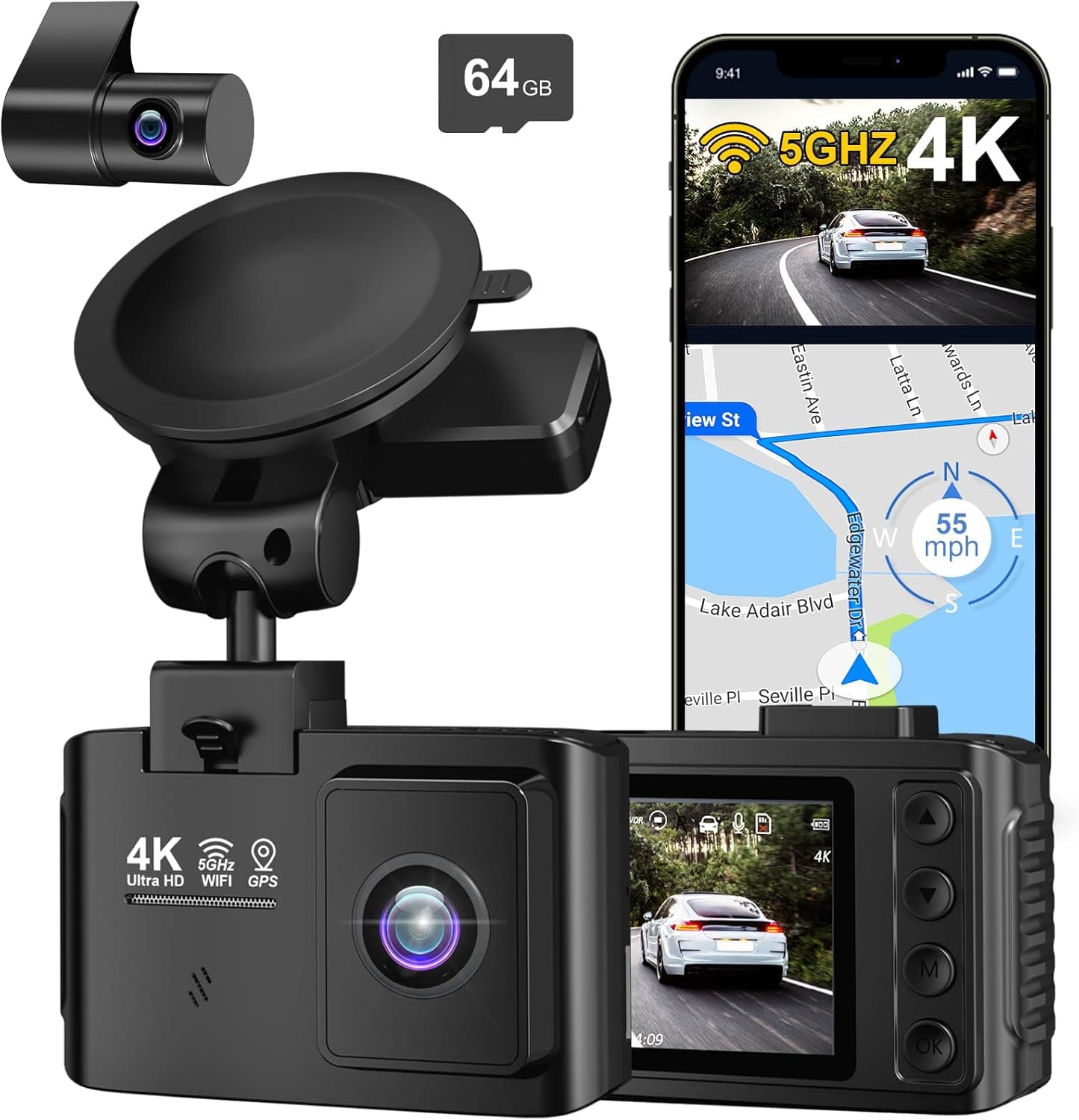 Dash Cam Front and Rear: 4K+2.5K Dual Channel Dash Cam-5GHz WiFi, GPS Dash Camera for Cars with 64GB Card, 2.0" IPS Screen, App Control,G-Sensor,Loop Recording,170°Wide Angle,Night Vision,Parking Mode